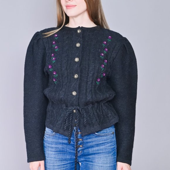 321. VINTAGE Trachtenmode Austrian Alps Grey Black Knit Wool Cardigan M - Picture 6 of 7